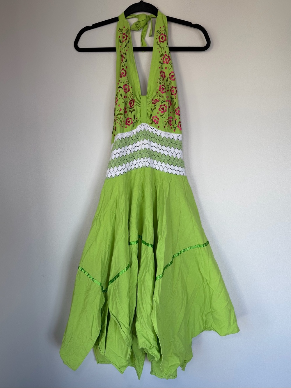Vintage Asymmetrical Embroidered Fairycore Crochet Halter Midi Dress Cottage